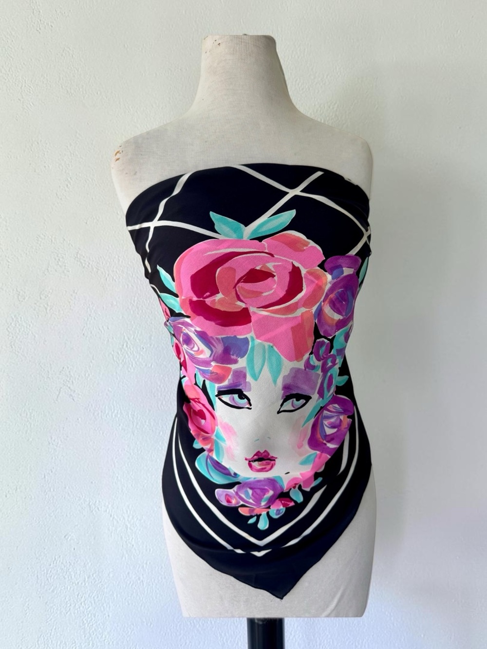 Vtg Bob Mackie 100% Silk Scarf Colorful Goddess Face Floral 90s 32x35
